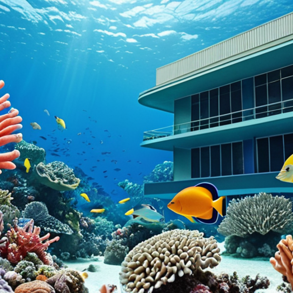 ** A vibrant coral reef teeming with fish, juxtaposed with a modern offshore company building in the background. The scene should convey the tension between environmental protection and economic development in Nauru. Use a bright, saturated color palette for the reef and a more muted, corporate palette for the building. Style: Photorealistic, but with a slightly surreal feel.

**